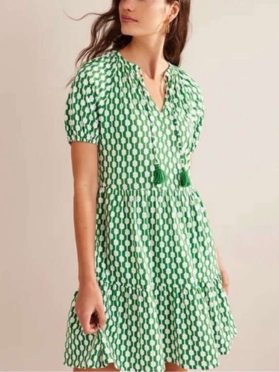 Boden Dresses & Skirts - Boden Geo Azure Jersey Mini Dress Green White Tassel Size US 2R